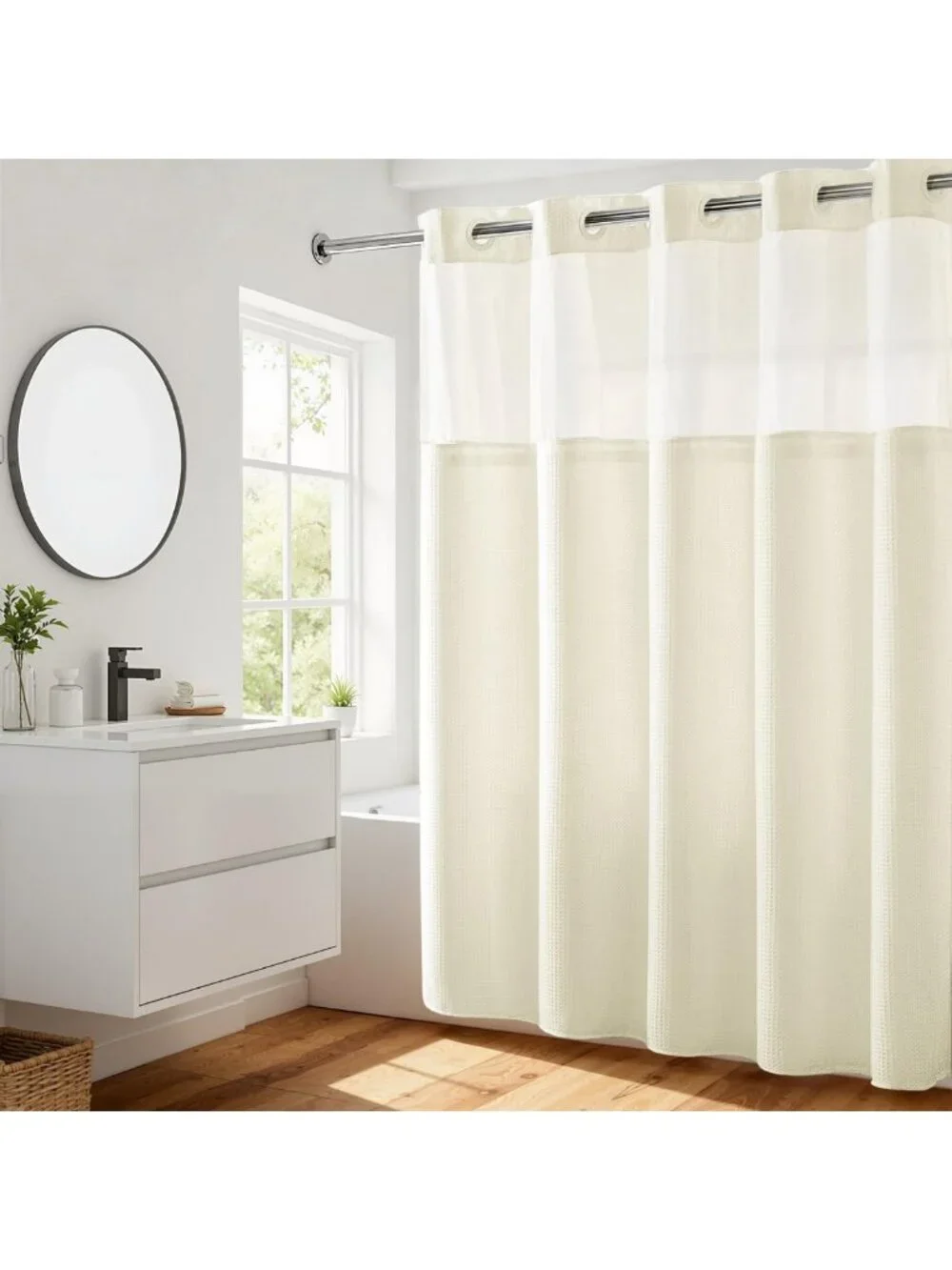 Heavyweight Cream Waffle Shower Curtain with Liner, 71x74, No Hook Design